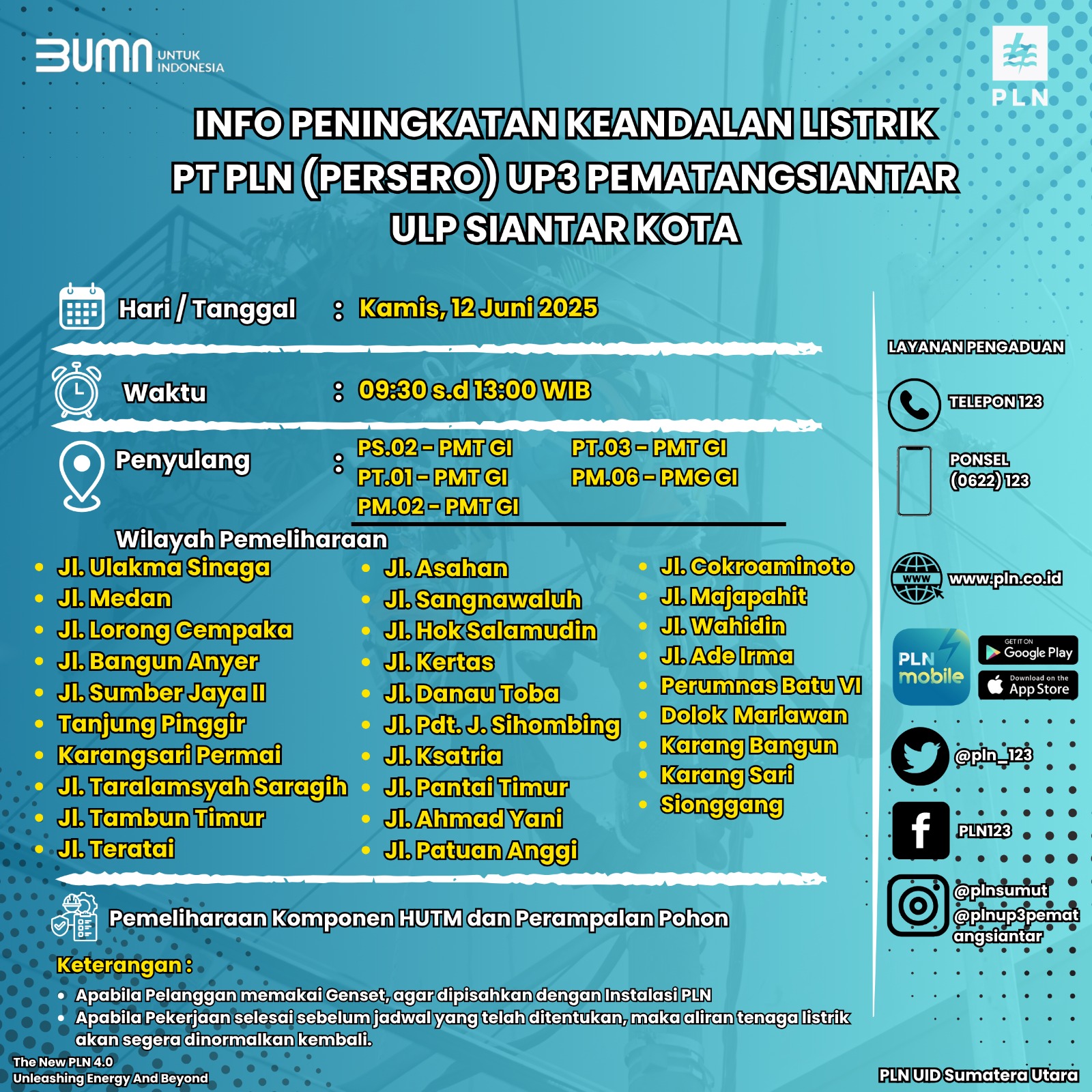 PLN ULP Siantar Kota Lakukan Pemadaman Sementara untuk Jaga Keandalan Listrik